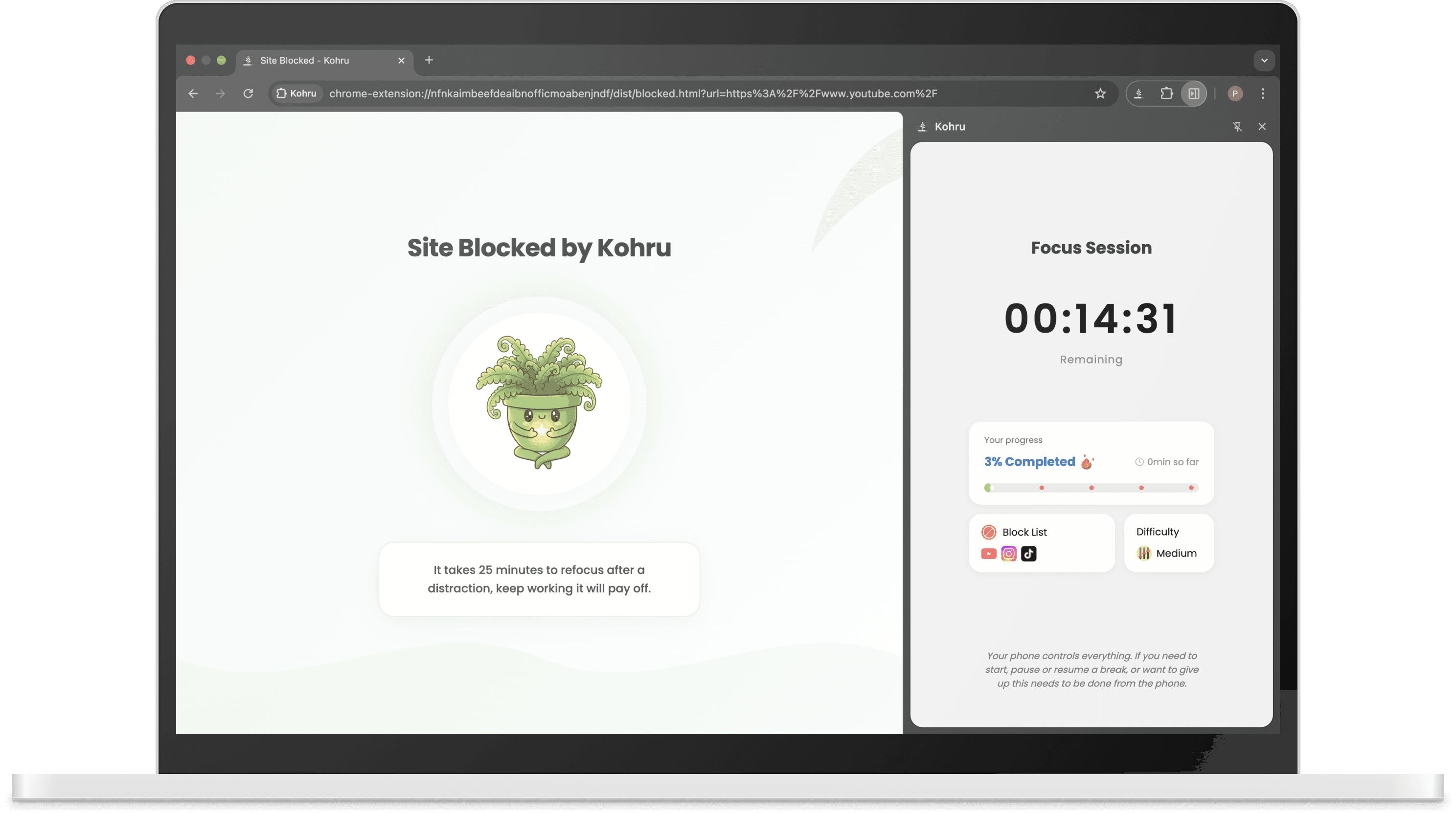 Kohru Chrome extension blocking a site during a focus session